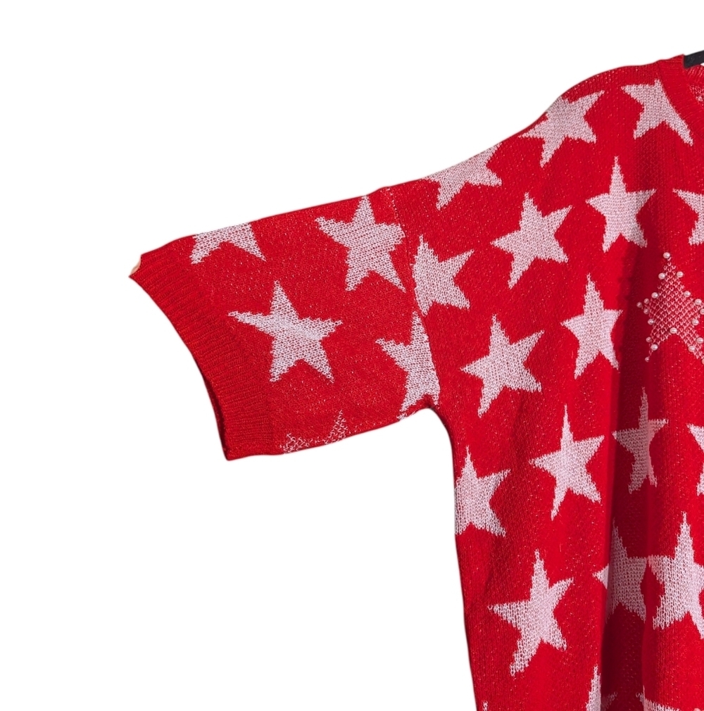 Red Star Print Oversized Sweater w/ Pearl Embellishments | Boho Cozy Size 1X - Picture 5 of 8